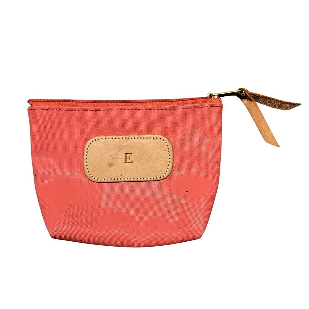 Jon Hart Clutch Womens Small Pink Canvas Leather Zip Cosmetic Pouch Monogram E